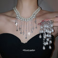 Faux Pearl Cross Star Tassel Necklace And Earring Set view 1