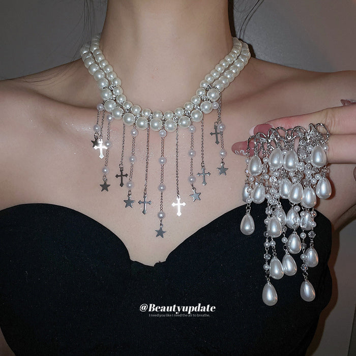 Faux Pearl Cross Star Tassel Necklace And Earring Set