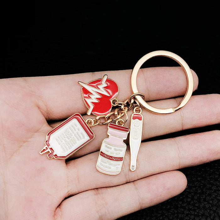 Red Heart Thermometer IV Bag and Medicine Bottle Keychain