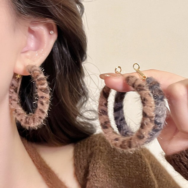 Brown Leopard Flocked Oversize Hoop Earrings with Gold Tone Hooks
