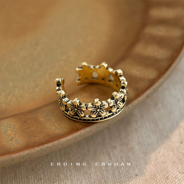 Antique Gold Flower Open Band Adjustable Ring Blackened