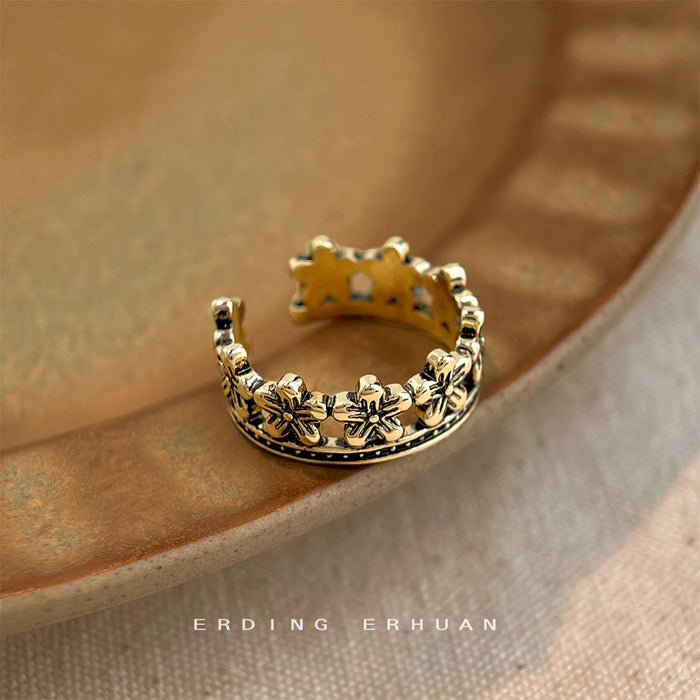 Antique Gold Flower Open Band Adjustable Ring Blackened
