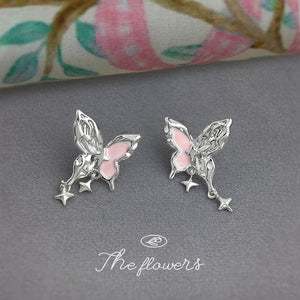 Silver Pink Enamel Butterfly Earrings Stud Clip Styles