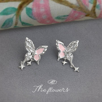 Silver Pink Enamel Butterfly Earrings Stud Clip Styles