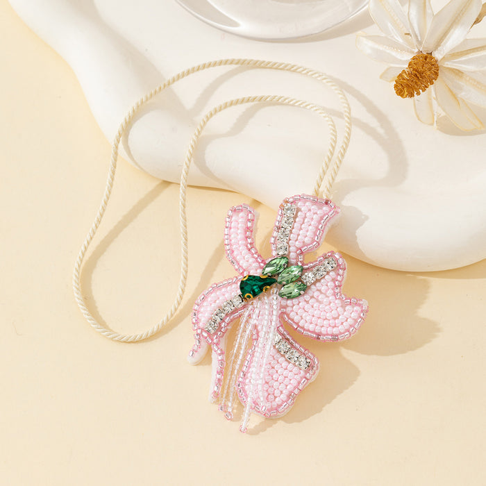 Beaded Pink Flower Charm Pendant with Rhinestone Accents