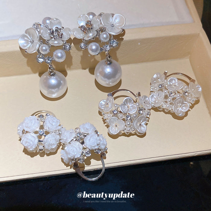 White Floral Pearl Earrings In Three Silhouettes Fashion Jewelry