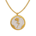 White Enamel Rose Round Disc Pendant Necklace Gold Or Steel view 5