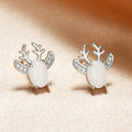 White Oval Reindeer Stud Earrings in Silver Tone Polished Metal Jewelry view 2