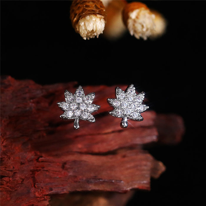 Gold Silver and Rose Gold Crystal Maple Leaf Stud Earrings