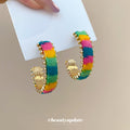 Rainbow Woven C Hoop Stud Earrings With Gold Tone Trim view 6