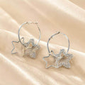 Silver Double Star Clear Stone Hoop Dangle Earrings view 2