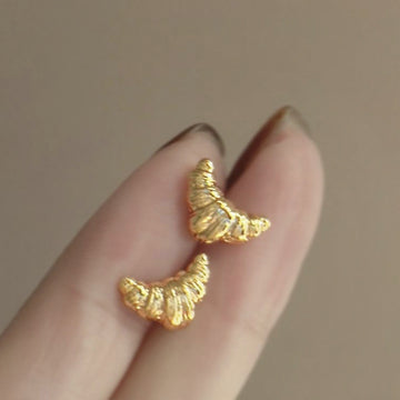 Textured Gold Croissant Crescent Stud Earrings With Metal Details