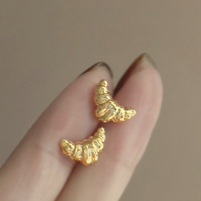 Textured Gold Croissant Crescent Stud Earrings With Metal Details