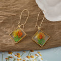 Gold Tone Square Clear Resin Pressed Flower Long Hook Earrings view 8