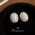 White Enamel Oval Gold Frame Vintage Geometric Stud Earrings view 4