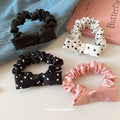Pink Satin Ruched Bow Scrunchie With Unlisted Polka Dot And Black Colors view 1