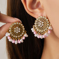 Gold Floral Medallion Pearl Look Bead Fringe Earrings view 1