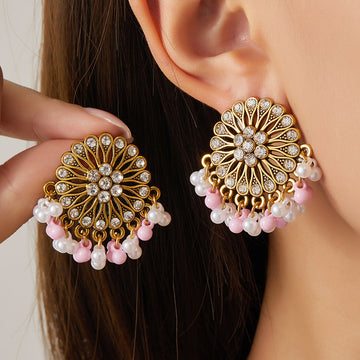 Gold Floral Medallion Pearl Look Bead Fringe Earrings