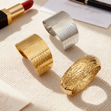 Gold Steel Wide Sunburst Cuff And Textured Hinge Bangles