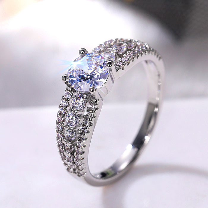 Silver Tone Round Stone Arched Pave Shoulder Ring Statement Jewelry
