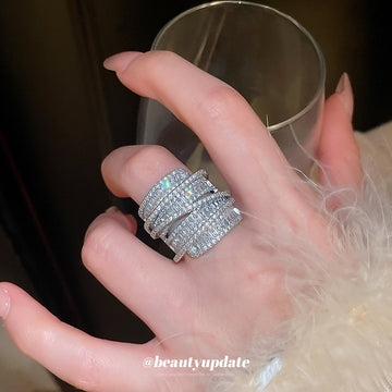 Silver Tone Wide Interlaced Multirow Clear Crystal Statement Ring