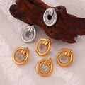 Hollow Circle Stud Earrings Inner Rhinestone Ring Metal Loop view 2