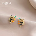 Gold Pave Panda Bamboo Enamel Stud Earrings Matching Pair Style view 3