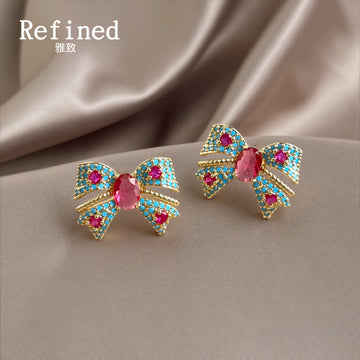 Turquoise Pink Micro Pave Bow Stud Earrings Gold Tone Pair