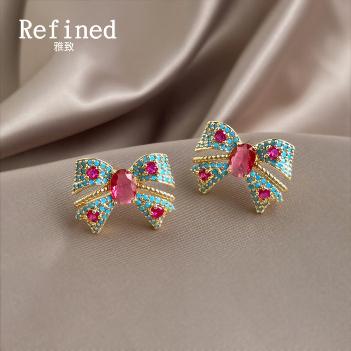Turquoise Pink Micro Pave Bow Stud Earrings Gold Tone Pair