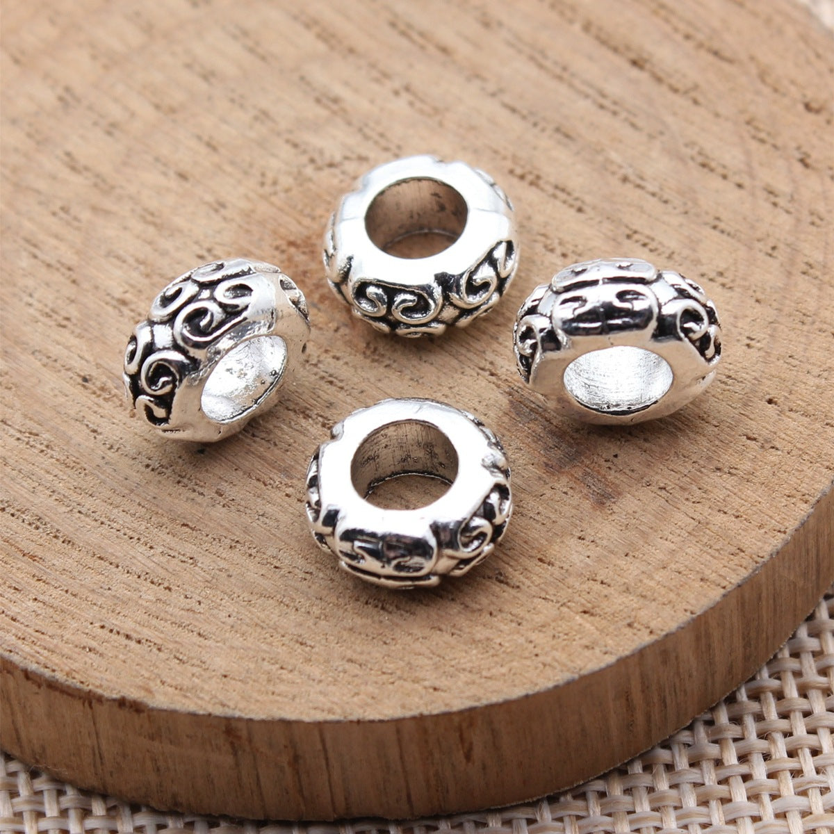 11x11x5.3mm 1.8g Antique Silver Zinc Alloy Carved Round Large Hole Spacer Beads for Bracelet Making