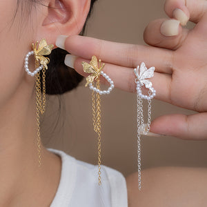 Butterfly Drop Earrings with Pearl-Look Beads and Chain Tassels