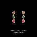Gold Tone Purple Green Red Oval Stone Long Drop Stud Earrings view 1