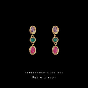 Gold Tone Purple Green Red Oval Stone Long Drop Stud Earrings