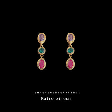 Gold Tone Purple Green Red Oval Stone Long Drop Stud Earrings