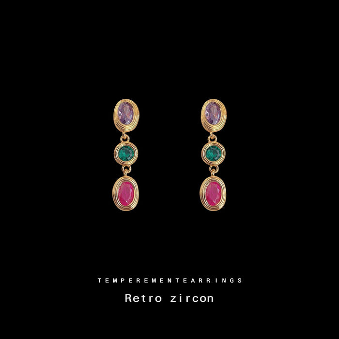 Gold Tone Purple Green Red Oval Stone Long Drop Stud Earrings