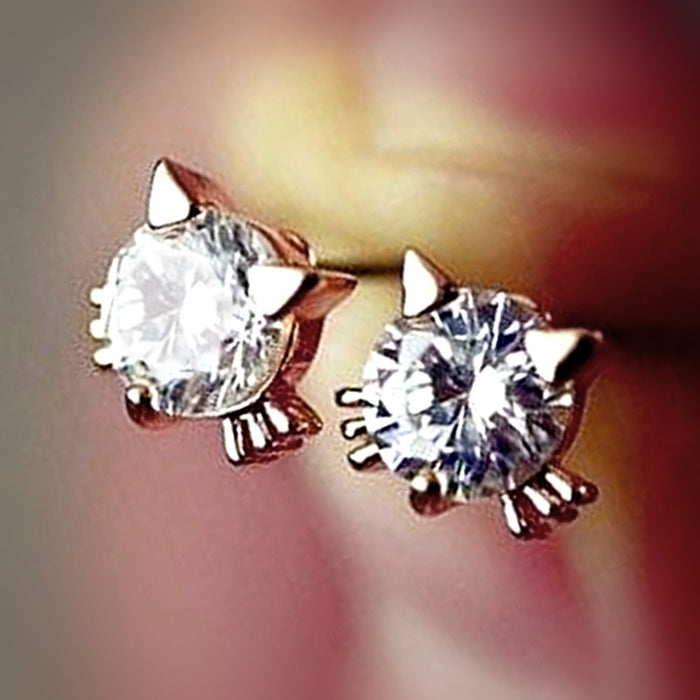 Rose Gold Cat Ear Clear CZ Kitten Stud Earrings Pair
