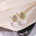 Gold Leaf Crystal Look Pearl Look Dangle Stud Earrings view 6