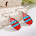 Red Turquoise Stripe Teardrop Drop Earrings Silver Tone view 3