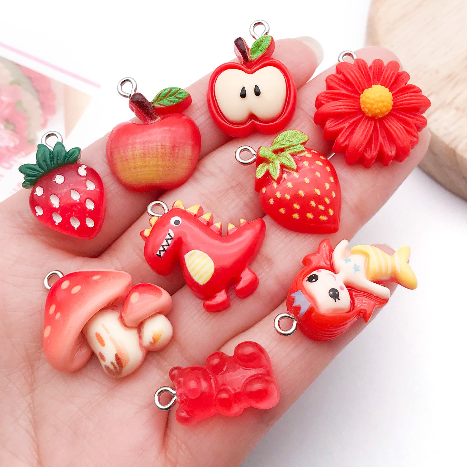 Red Resin Cartoon Apple Strawberry Cherry Charm Pendants for DIY Bracelet Necklace