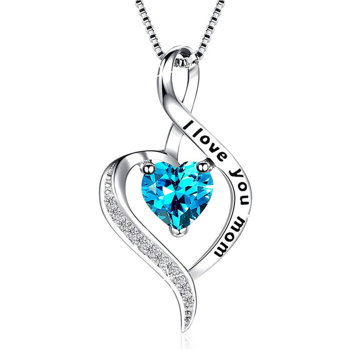 Silver Tone Mom Heart Blue Crystal Pendant Necklace
