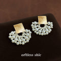 Gold Brushed Square Pearl Woven Fan Drop Stud Earrings view 3