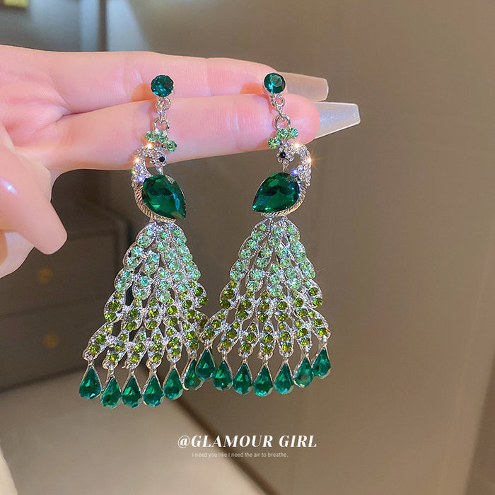 Green Crystal Peacock Chandelier Drop Earrings with Polished Metal Accents