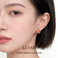 Gold Asymmetric Orange Persimmon Pearl Leaf Stud Earrings view 2