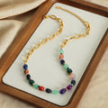 Multicolor Faceted Agate Bead Gold Oval Link Necklace view 4