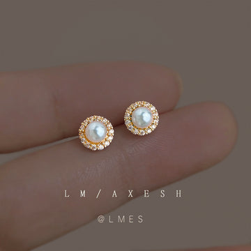Gold Tone White Pearl Clear Halo Mini Stud Earrings For Women