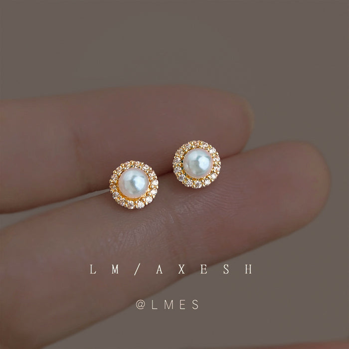 Gold Tone White Pearl Clear Halo Mini Stud Earrings For Women