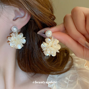 White Flower Cluster Stud Earrings With Pearl Look Centers