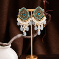 Blue Oval Medallion Pearl Look Fringe Stud Earrings view 4