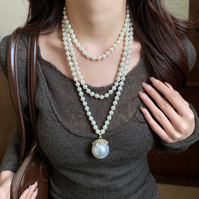 Layered White Faux Pearl Necklace with Large Pearl Drop
