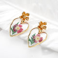 Gold Tone Heart Outline Pressed Flower Resin Drop Earrings view 3